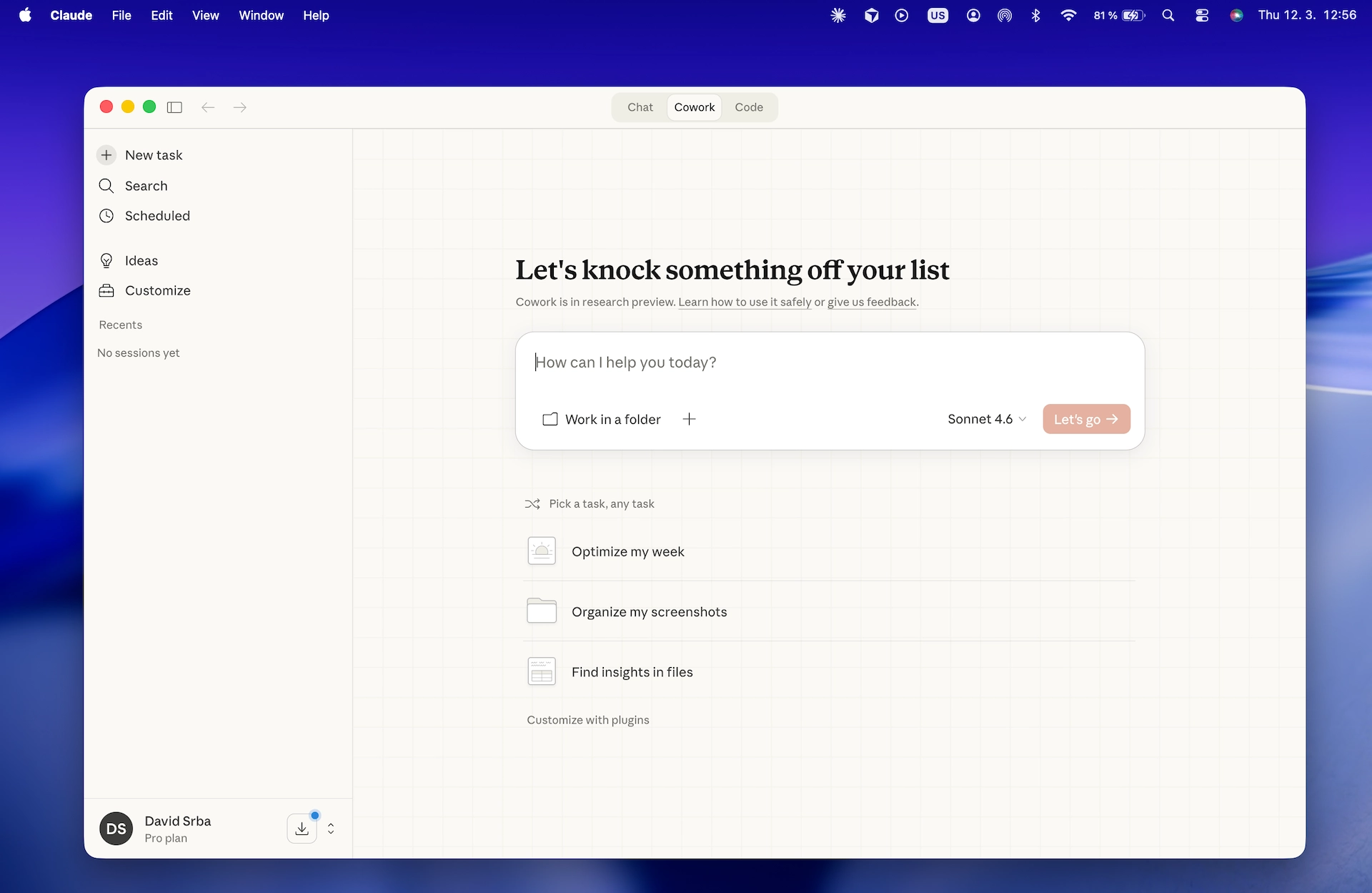 Claude Cowork — the welcome screen on first launch