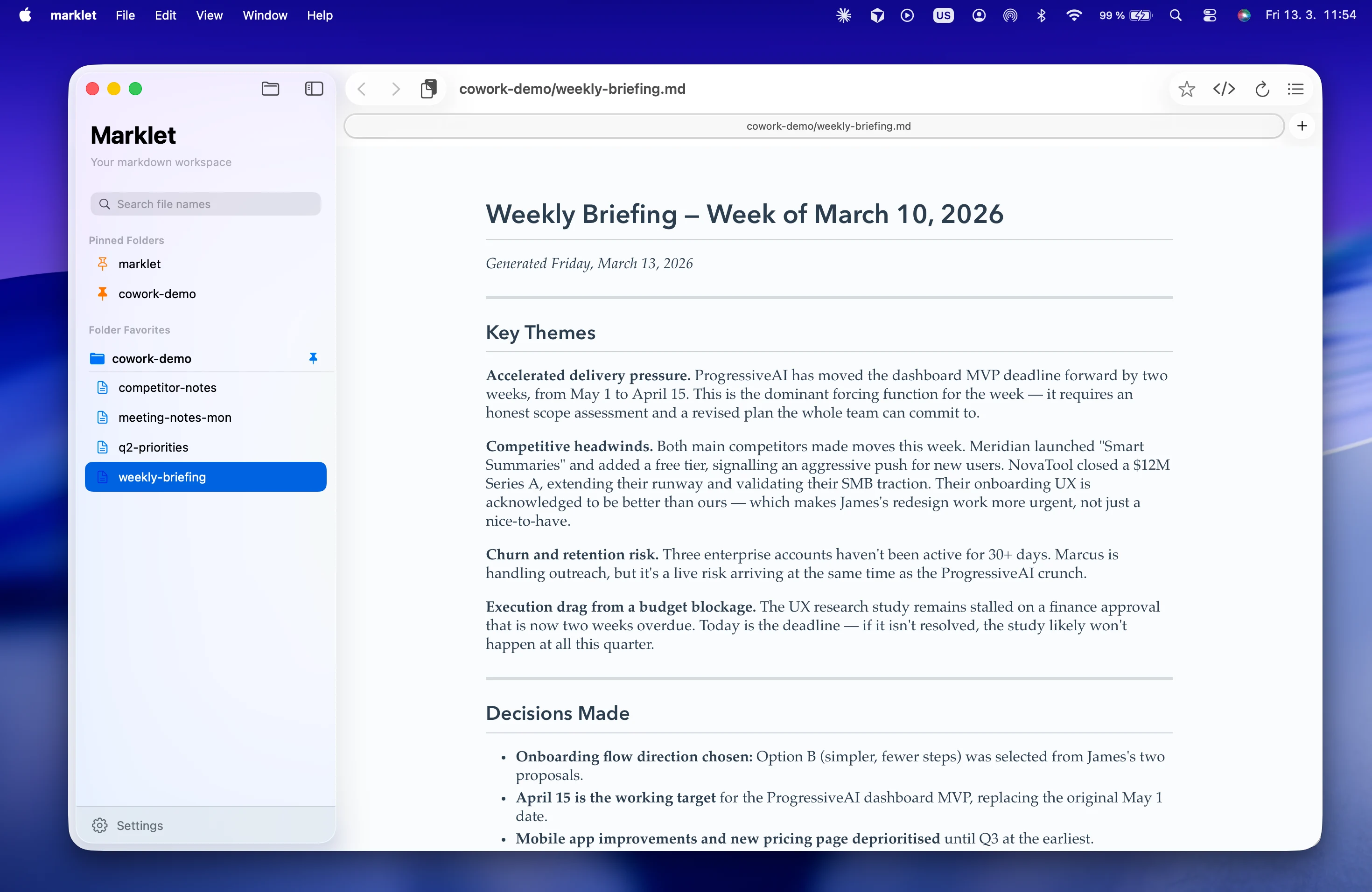The weekly briefing rendered in Marklet — the same file, read properly