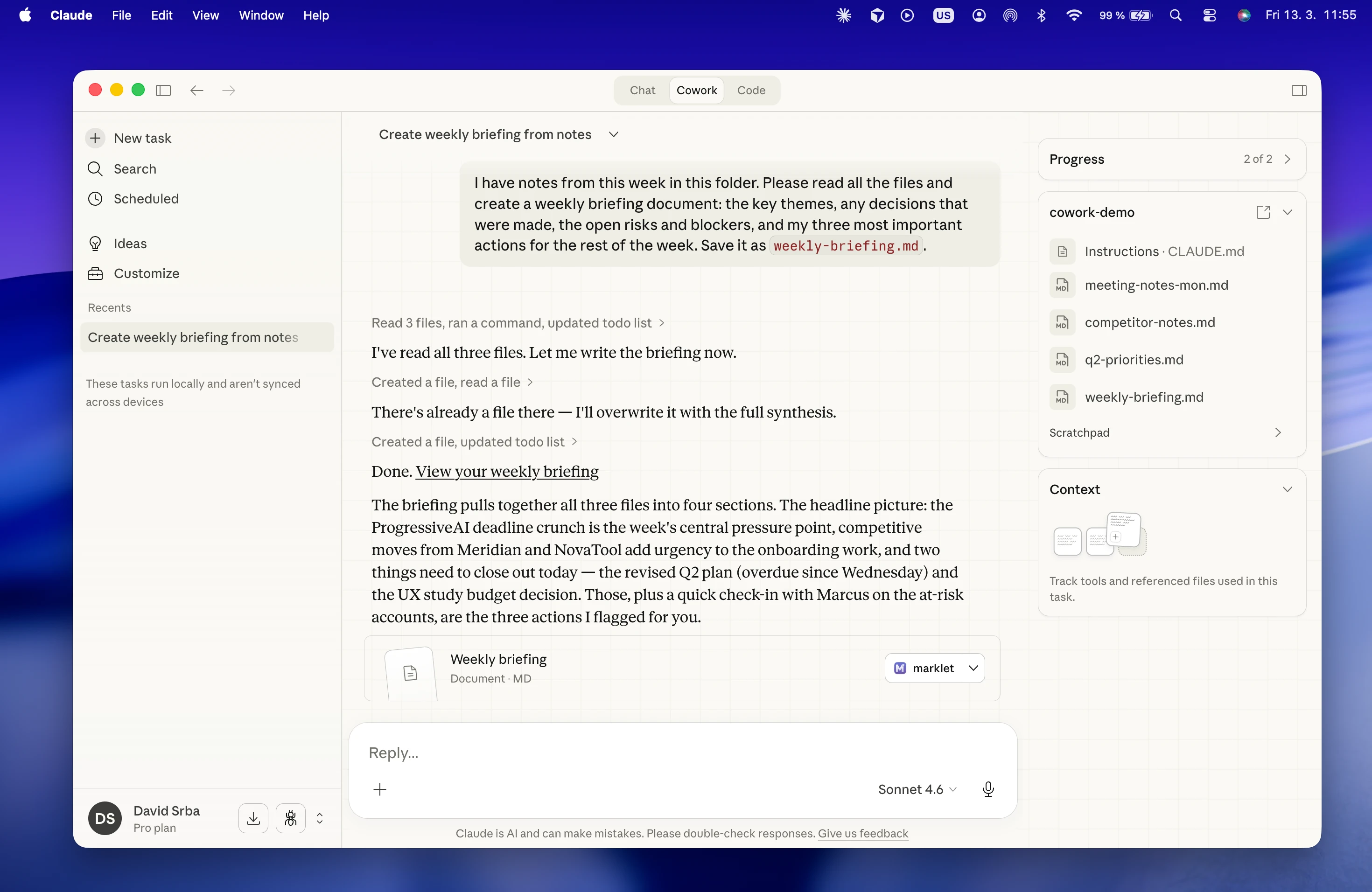 Cowork after completing the task — the briefing is ready to open in Marklet